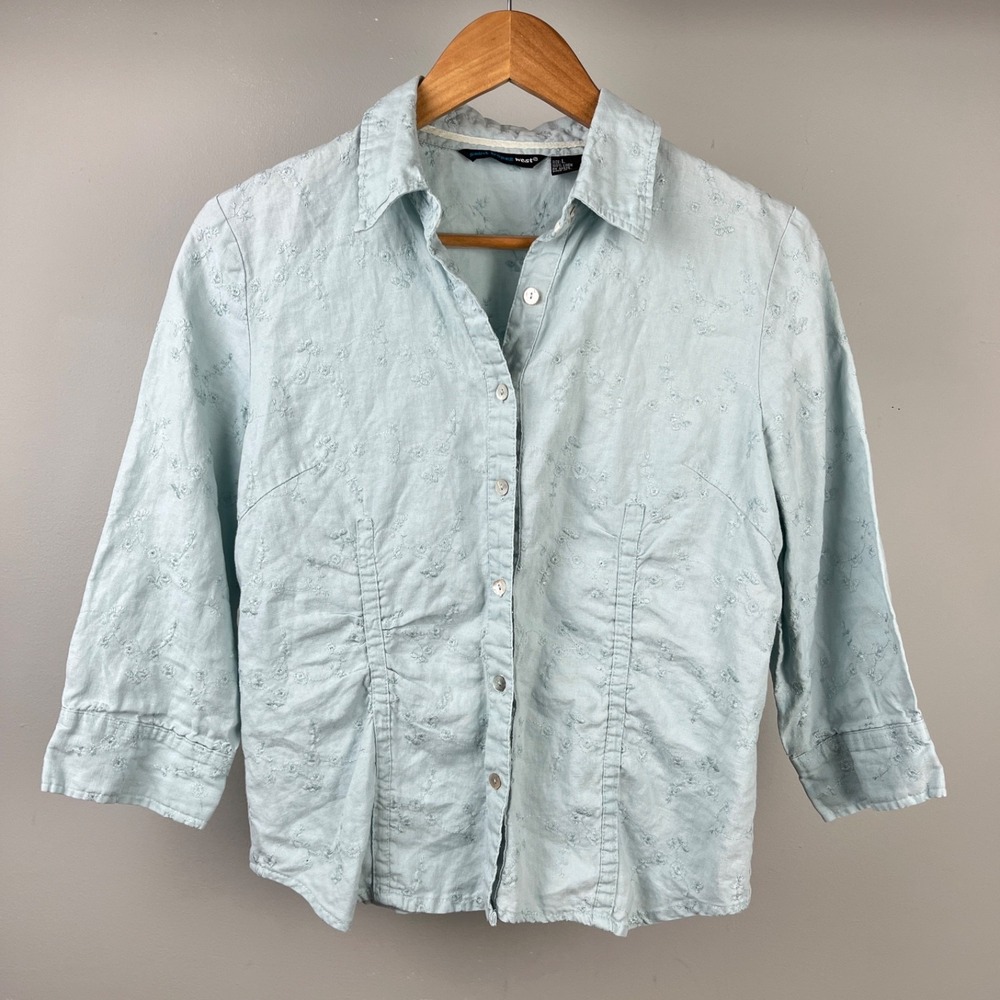 Saint Tropez West Linen Top Womens L‎ Dusty Blue Floral Embroidered Button Up - Picture 2 of 7